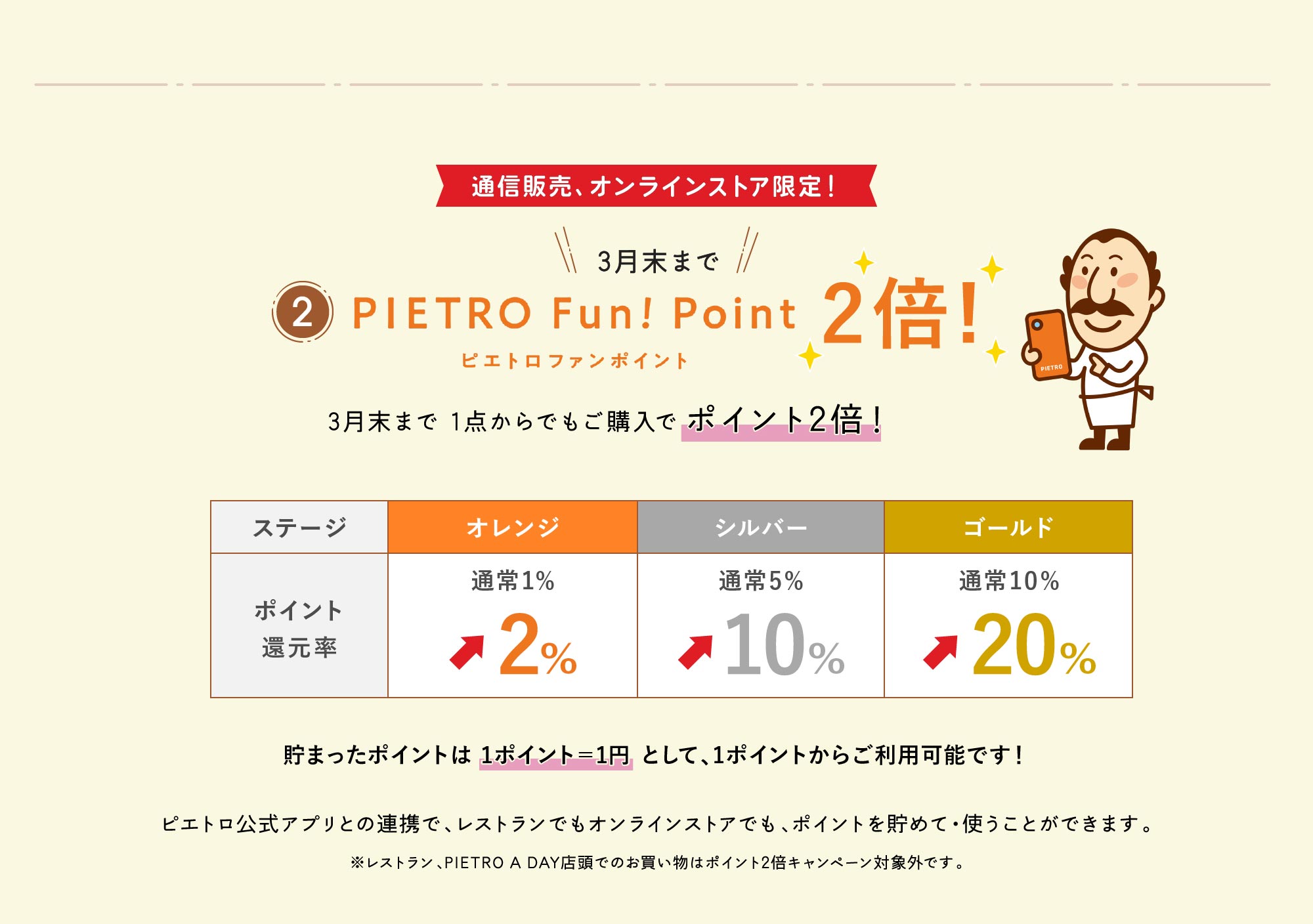 【通信販売、オンラインストア限定！】3月末までピエトロファンポイント2倍!